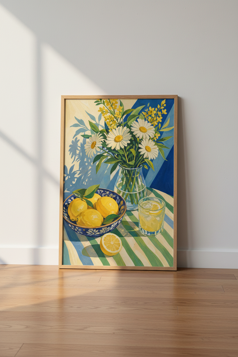 Lemon and Daisy Wall Art Print | Mediterranean Kitchen Decor | Sunny Citrus Poster