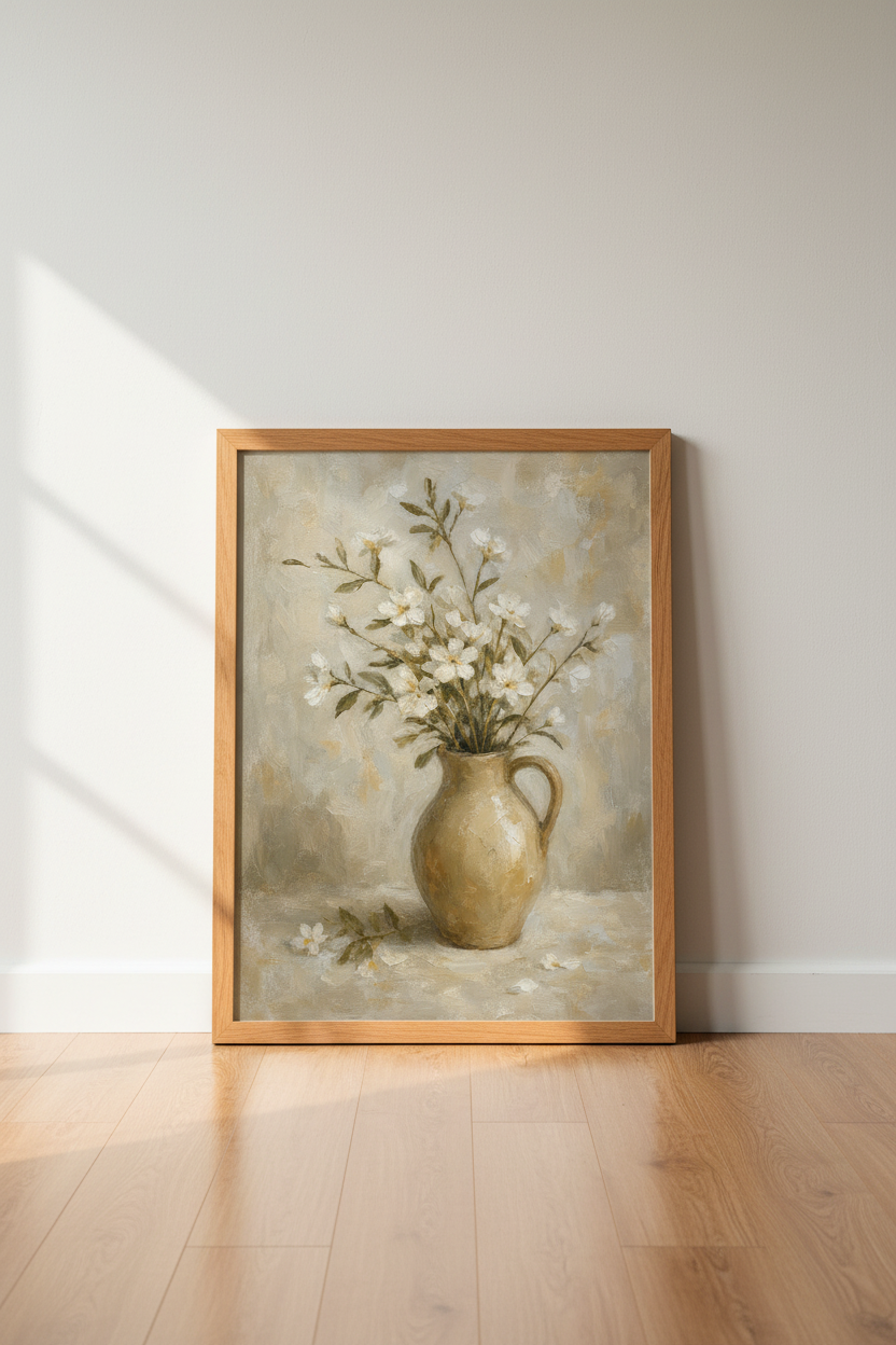 Vintage Floral Oil Painting | Neutral Cream Still Life, Farmhouse Wall Art