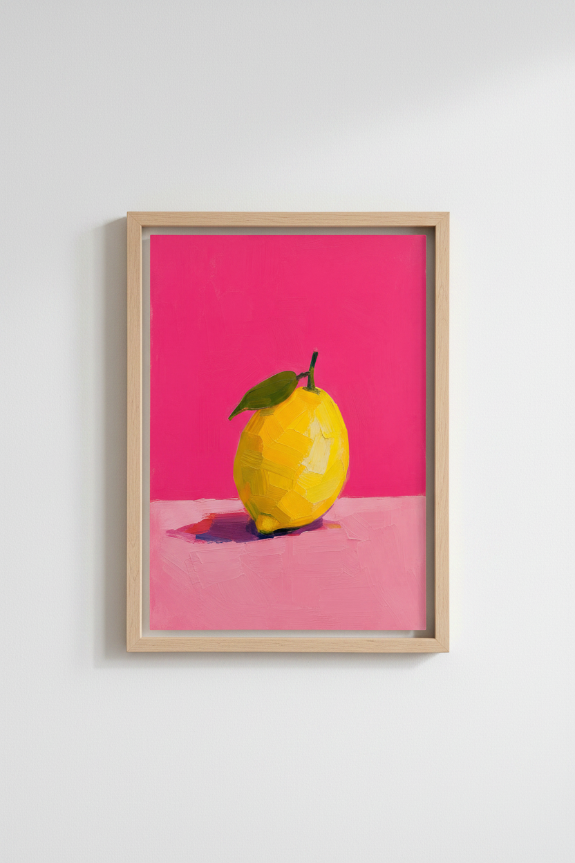Lemon Kitchen Wall Art | Pink and Yellow Fruit Oil Painting, Modern Dining Decor