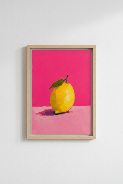 Lemon Kitchen Wall Art | Pink and Yellow Fruit Oil Painting, Modern Dining Decor