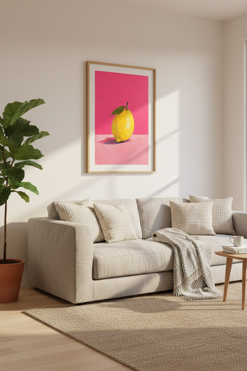 Lemon Kitchen Wall Art | Pink and Yellow Fruit Oil Painting, Modern Dining Decor