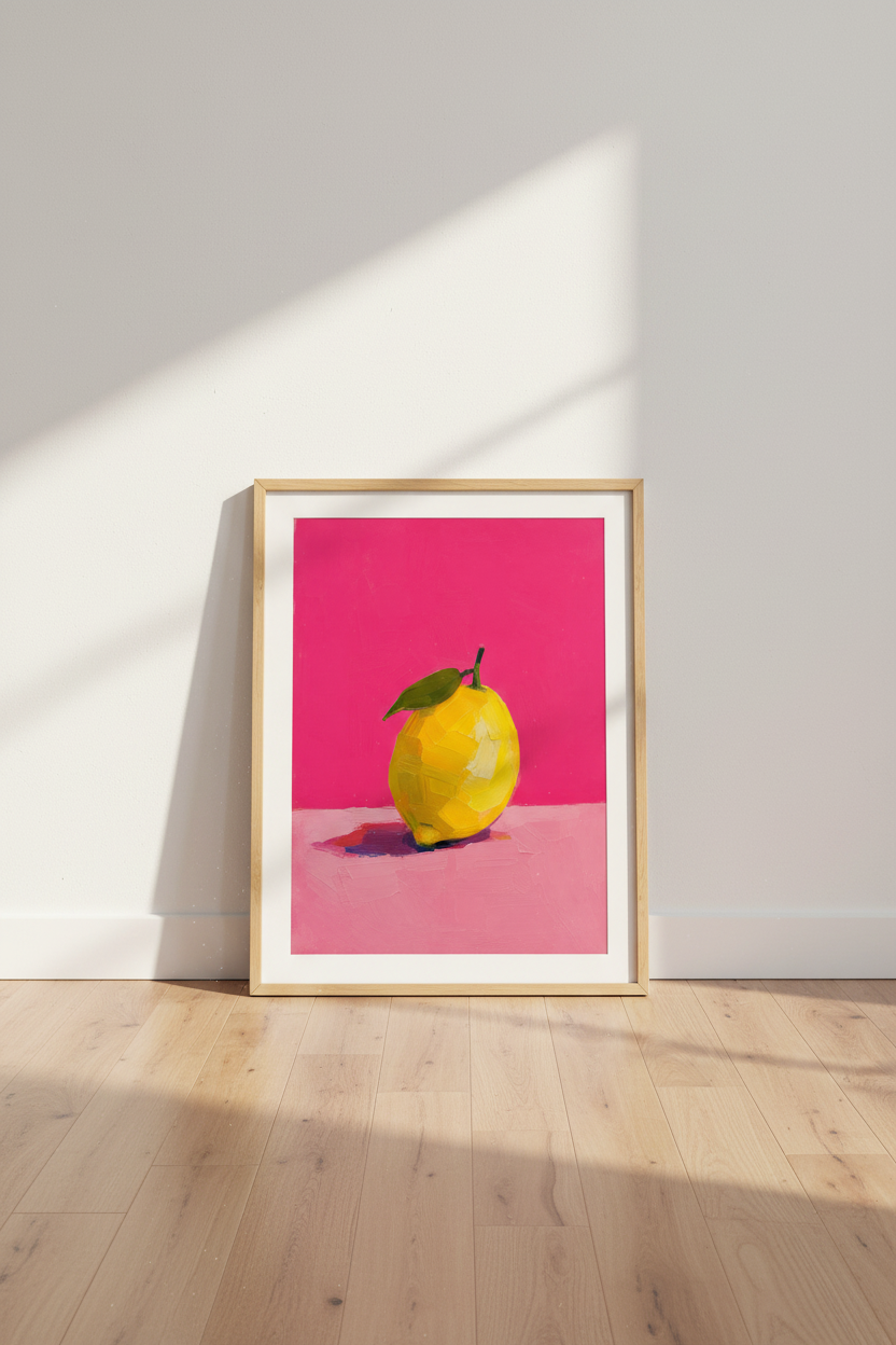 Lemon Kitchen Wall Art | Pink and Yellow Fruit Oil Painting, Modern Dining Decor