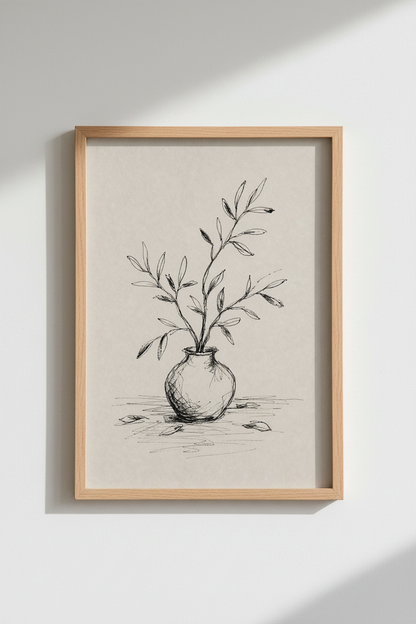 Minimalist Botanical Sketch | Ink Leaves in Vase Print, Neutral Wabi-Sabi Decor