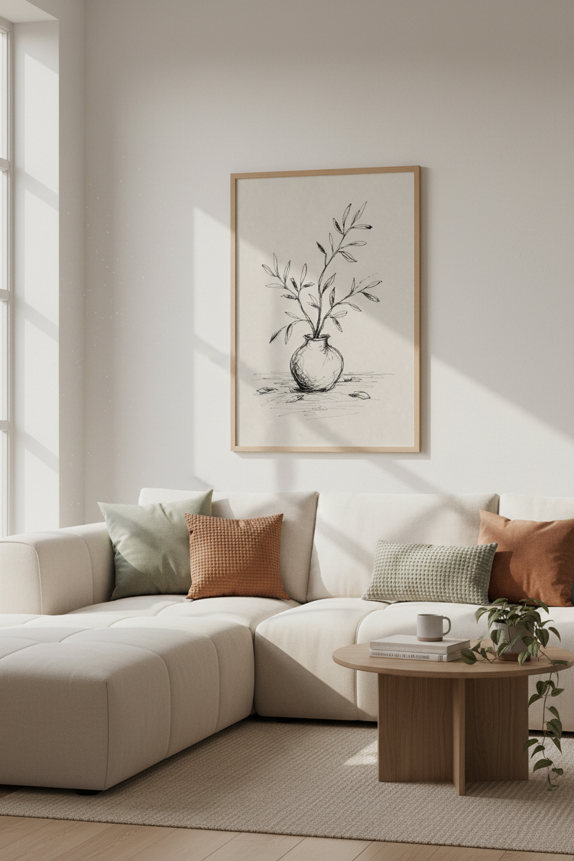 Minimalist Botanical Sketch | Ink Leaves in Vase Print, Neutral Wabi-Sabi Decor