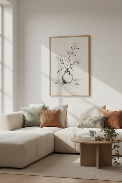 Minimalist Botanical Sketch | Ink Leaves in Vase Print, Neutral Wabi-Sabi Decor