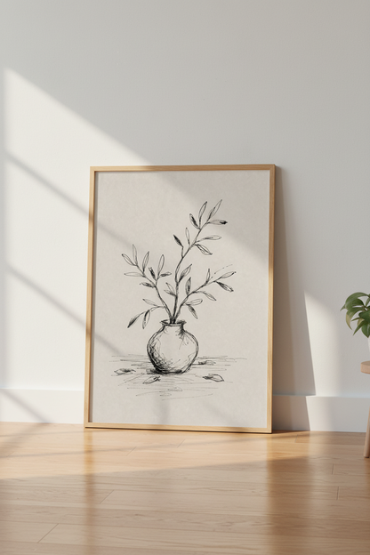 Minimalist Botanical Sketch | Ink Leaves in Vase Print, Neutral Wabi-Sabi Decor