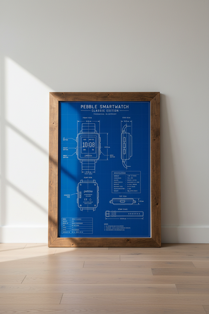 Pebble Smartwatch Blueprint Wall Art | Tech Decor | Industrial Office Poster