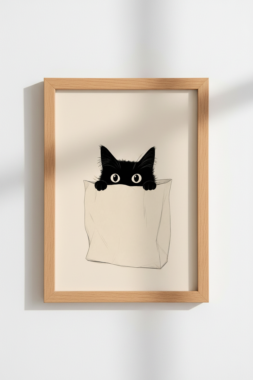 Minimalist Cat Wall Art print | Cute Black Cat Poster, Neutral Nursery Decor