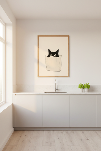 Minimalist Cat Wall Art print | Cute Black Cat Poster, Neutral Nursery Decor