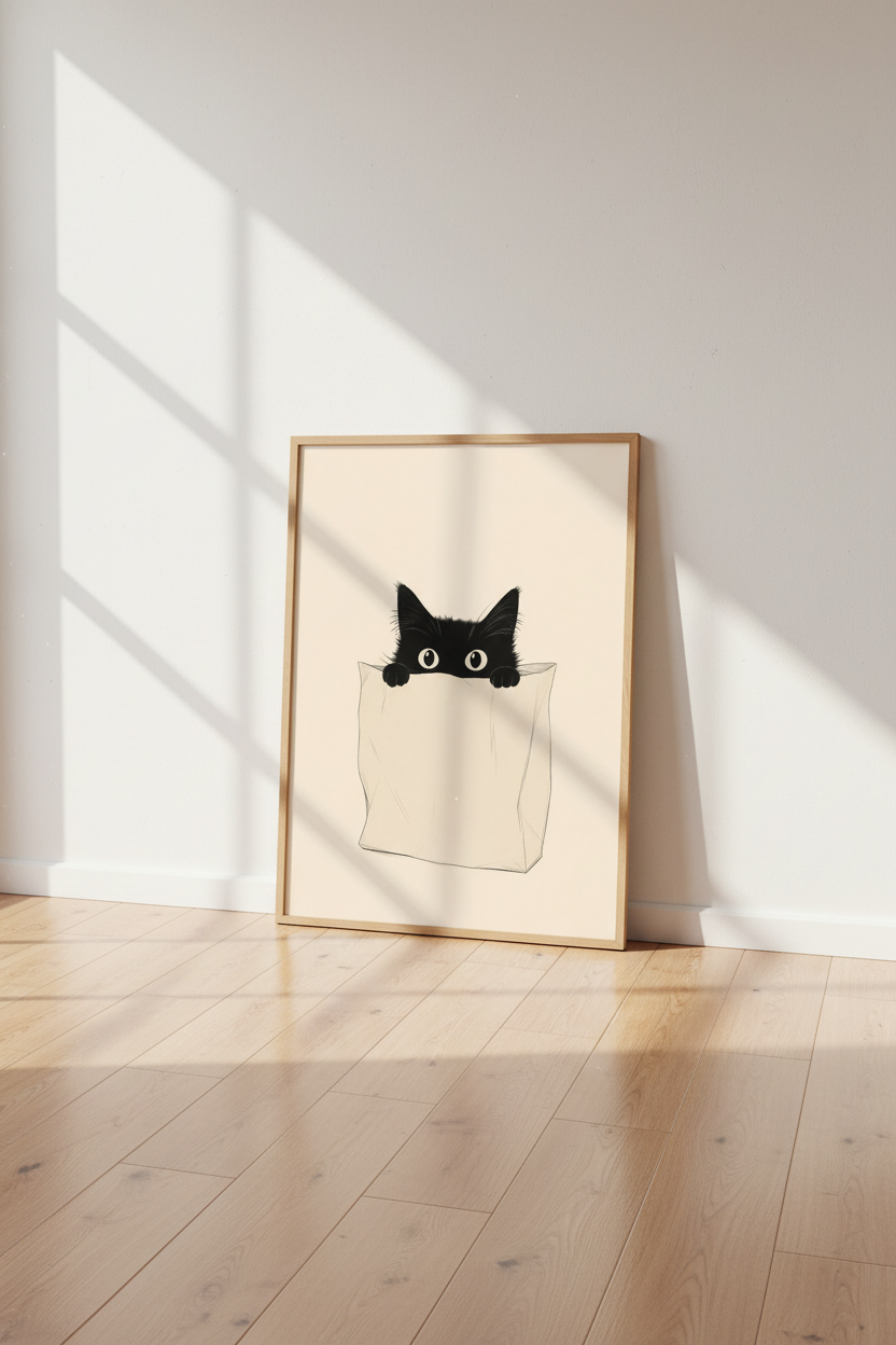 Minimalist Cat Wall Art print | Cute Black Cat Poster, Neutral Nursery Decor
