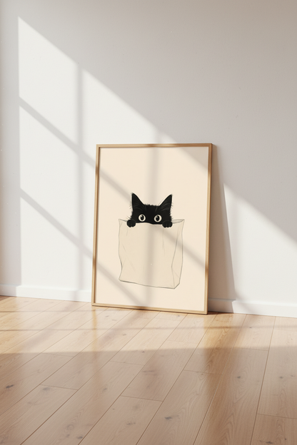 Minimalist Cat Wall Art print | Cute Black Cat Poster, Neutral Nursery Decor