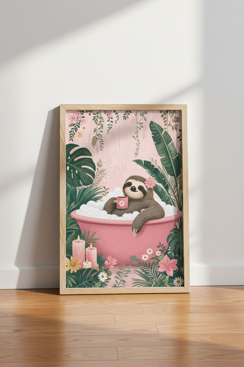 Sloth Bathtub Wall Art | Cute Pink Tropical Animal, Bathroom Decor Poster