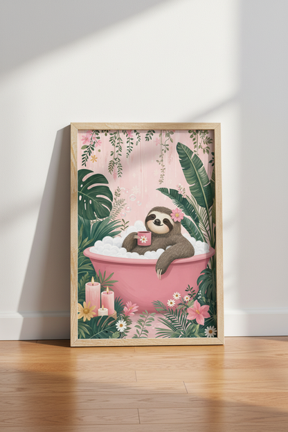 Sloth Bathtub Wall Art | Cute Pink Tropical Animal, Bathroom Decor Poster