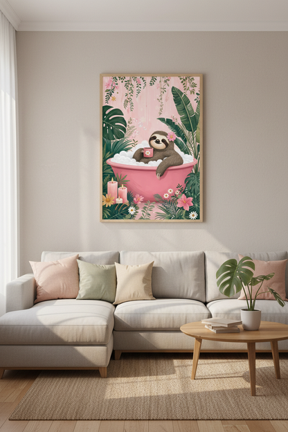 Sloth Bathtub Wall Art | Cute Pink Tropical Animal, Bathroom Decor Poster