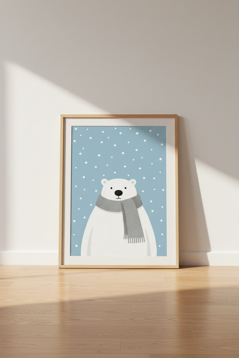 Cute Polar Bear Wall Art | Blue Winter Nursery Decor | Scandi Animal Poster