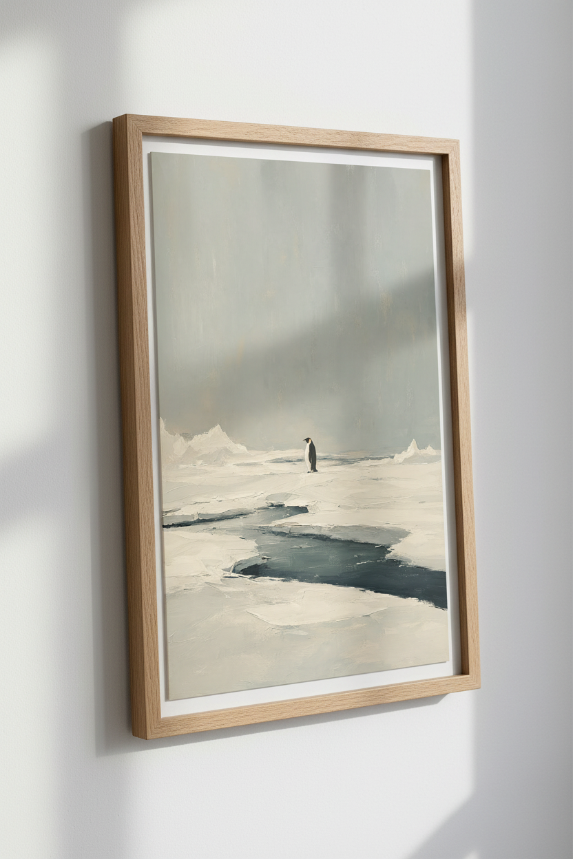 Minimalist Penguin Oil Painting | Muted Grey Arctic Decor, Modern Nursery Wall Art