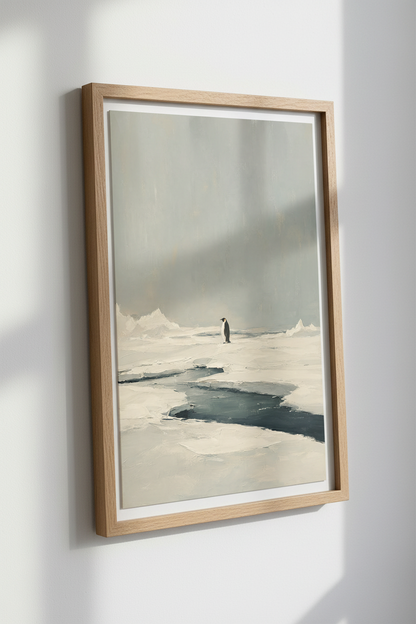 Minimalist Penguin Oil Painting | Muted Grey Arctic Decor, Modern Nursery Wall Art