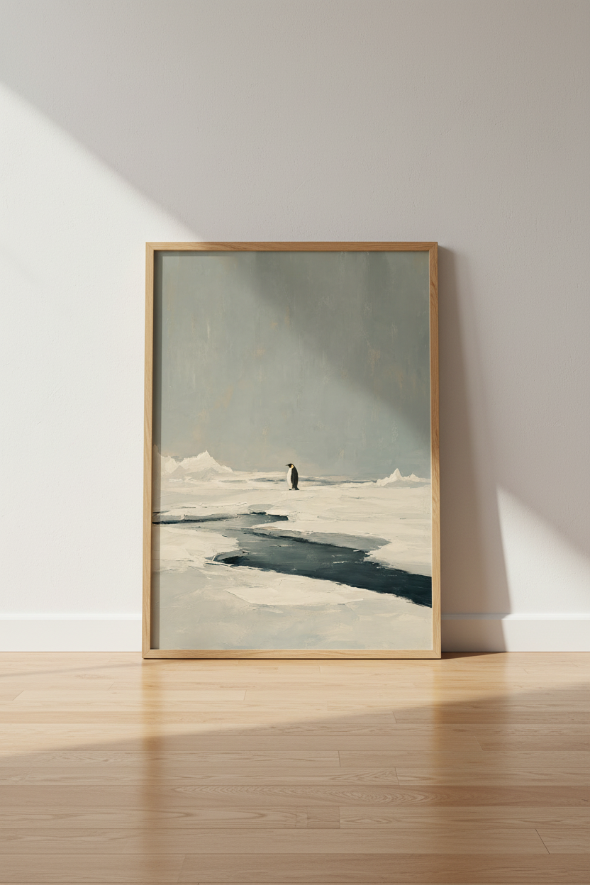 Minimalist Penguin Oil Painting | Muted Grey Arctic Decor, Modern Nursery Wall Art