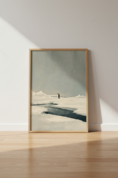Minimalist Penguin Oil Painting | Muted Grey Arctic Decor, Modern Nursery Wall Art