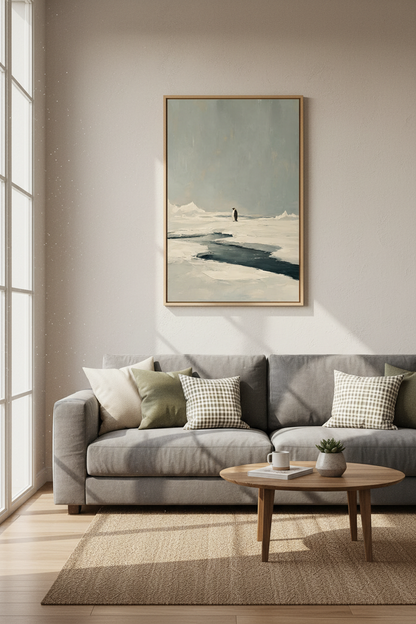 Minimalist Penguin Oil Painting | Muted Grey Arctic Decor, Modern Nursery Wall Art