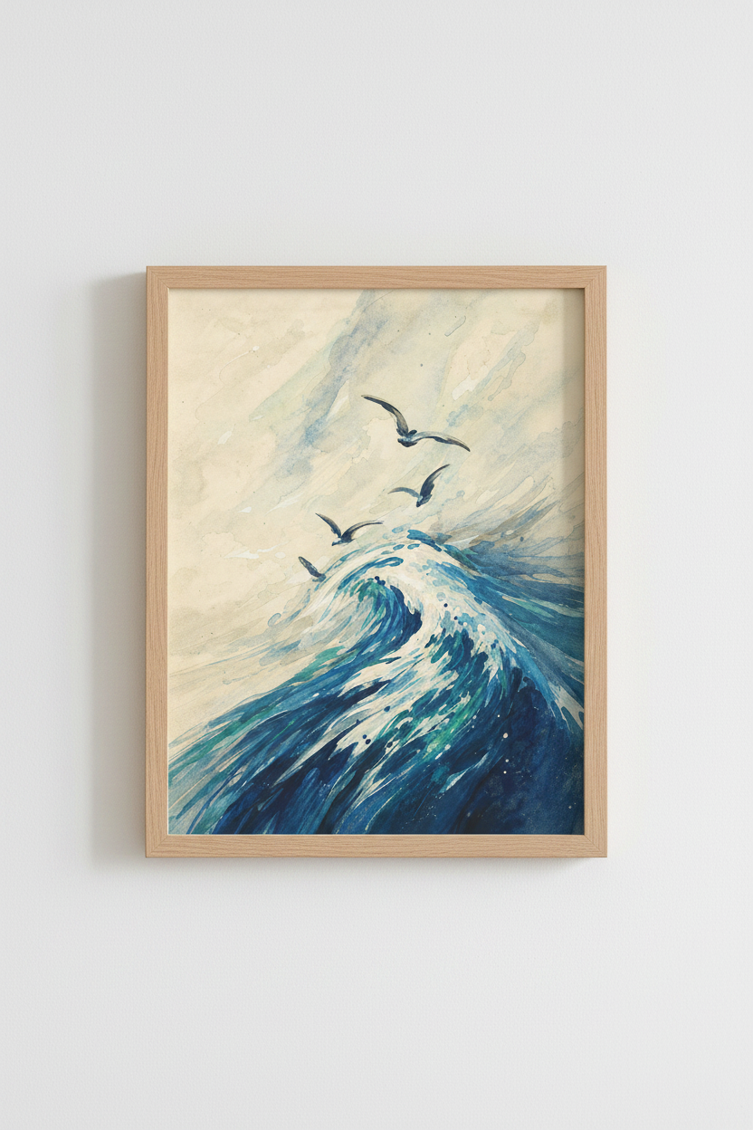 Ocean Wave Art | Watercolor Blues, Sea Vibe Decor | Living Room Poster