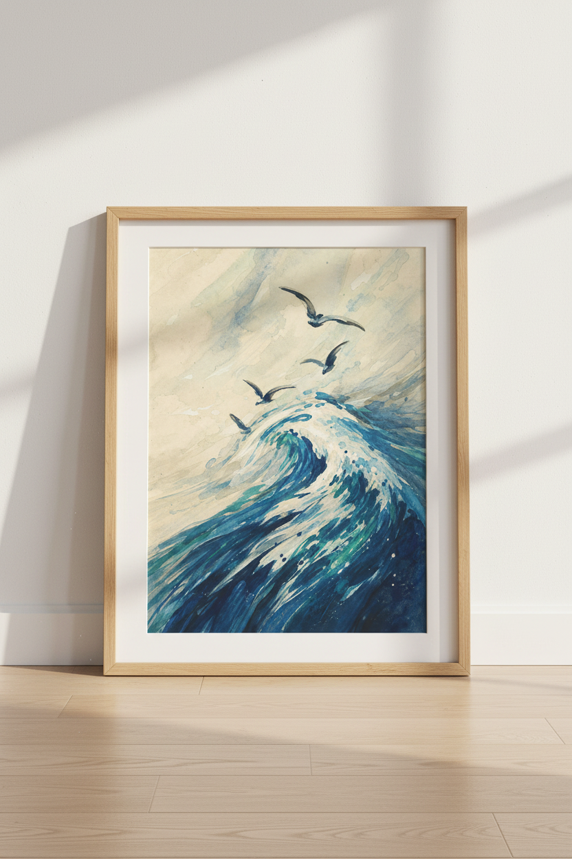 Ocean Wave Art | Watercolor Blues, Sea Vibe Decor | Living Room Poster