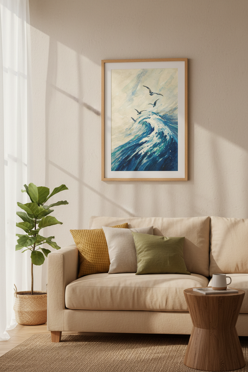 Ocean Wave Art | Watercolor Blues, Sea Vibe Decor | Living Room Poster
