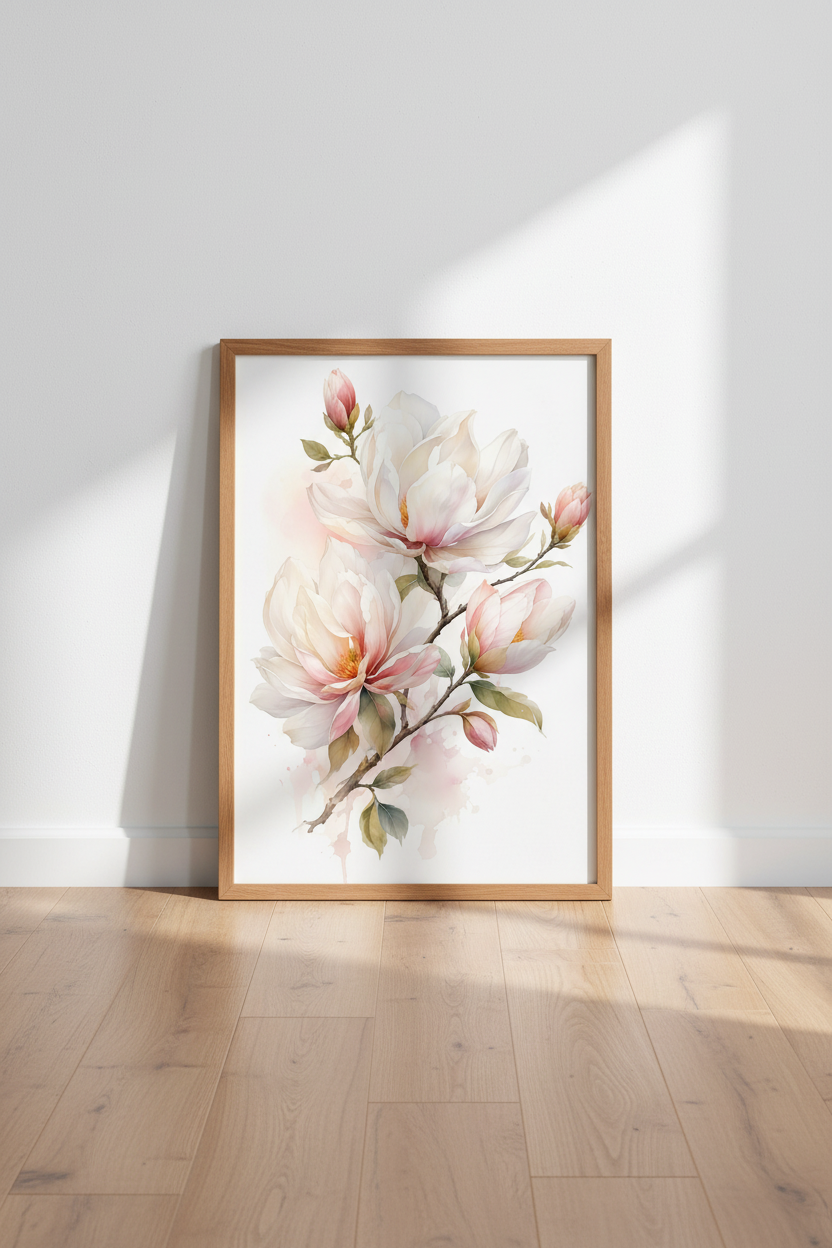 Watercolor Magnolia Wall Art | Blush Pink Floral Print, Living Room Decor