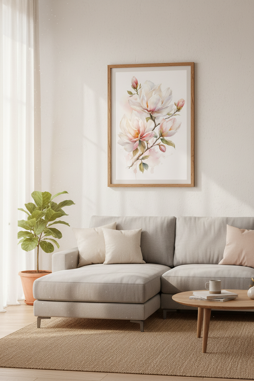 Watercolor Magnolia Wall Art | Blush Pink Floral Print, Living Room Decor