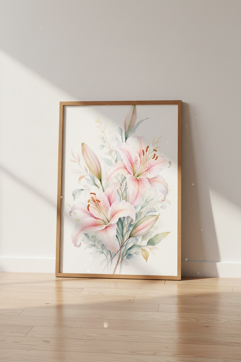 Pink Lily Watercolor Floral Wall Art | Pastel Botanical Print, Living Room Decor