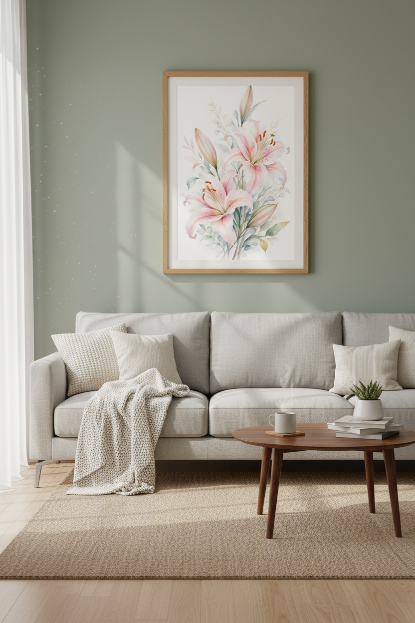 Pink Lily Watercolor Floral Wall Art | Pastel Botanical Print, Living Room Decor