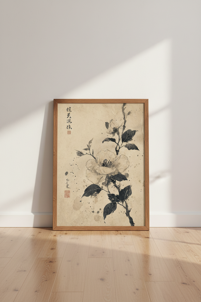 Japanese Ink Flower Wall Art | Vintage Sumi-e Floral Print, Zen Living Room Decor