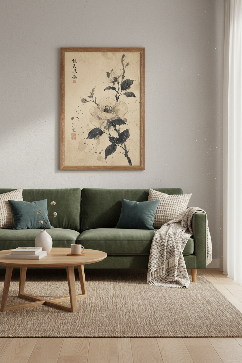 Japanese Ink Flower Wall Art | Vintage Sumi-e Floral Print, Zen Living Room Decor