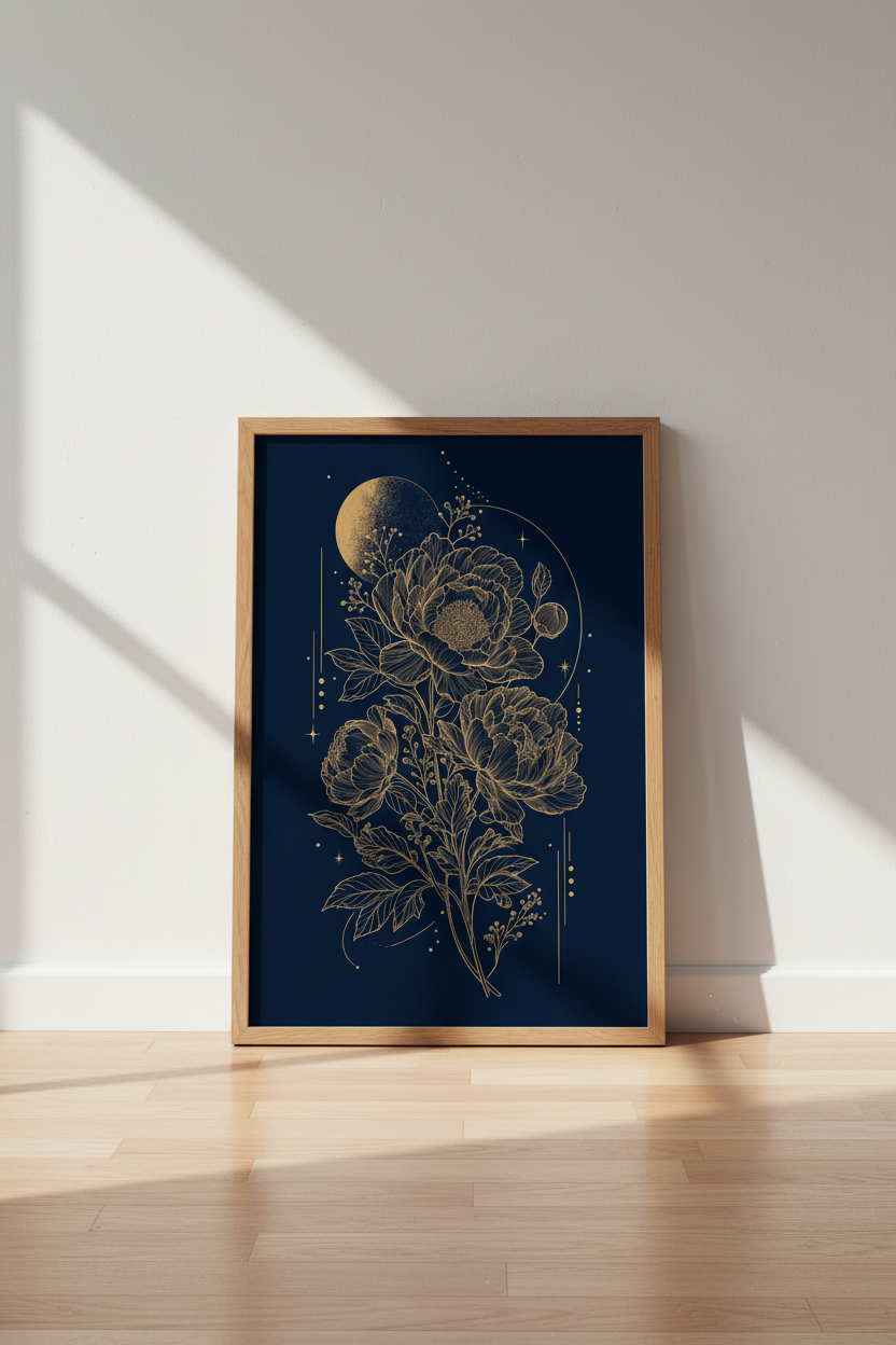 Celestial Gold Peony Wall Art | Navy Blue Botanical Decor | Floral Moon Poster