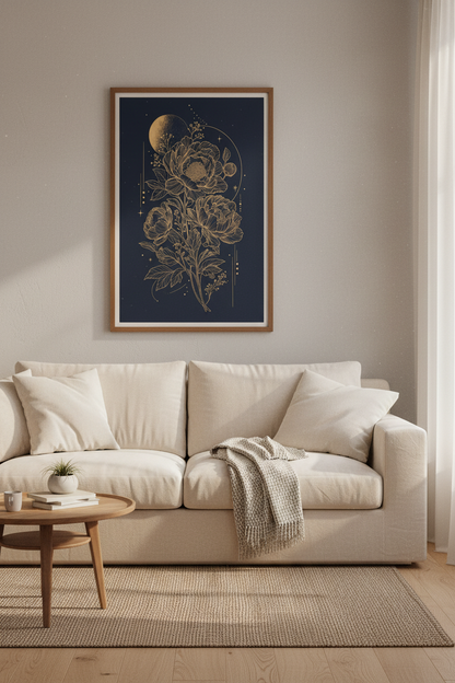 Celestial Gold Peony Wall Art | Navy Blue Botanical Decor | Floral Moon Poster