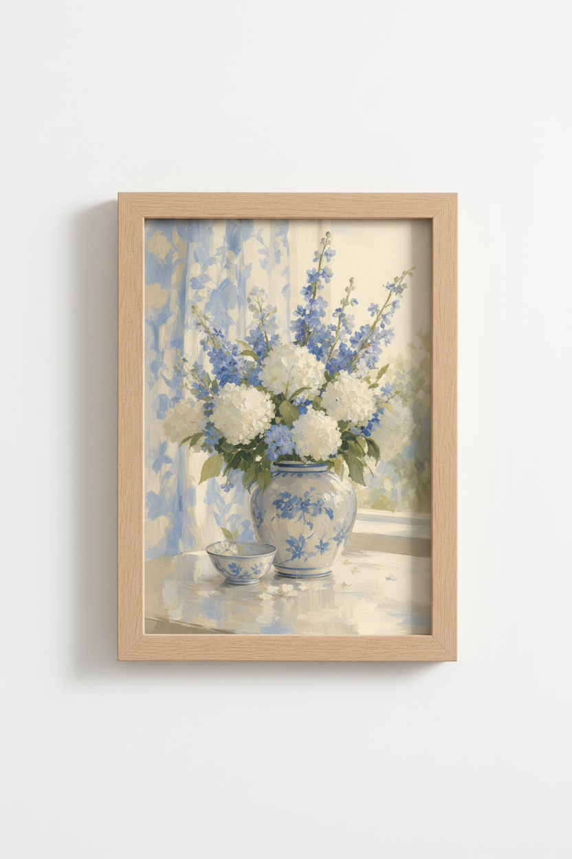 Grandmillennial Wall Art | Blue and White Hydrangea Floral Print, Chinoiserie Decor