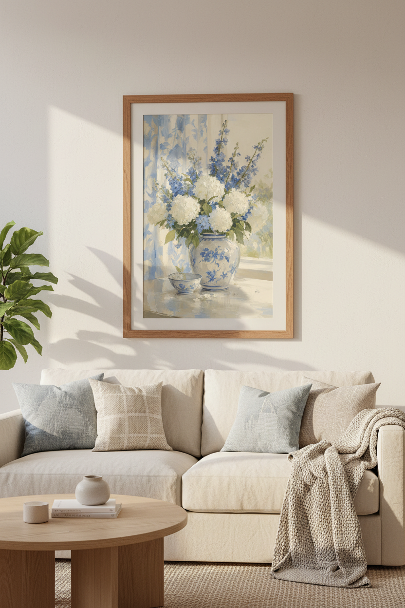 Grandmillennial Wall Art | Blue and White Hydrangea Floral Print, Chinoiserie Decor