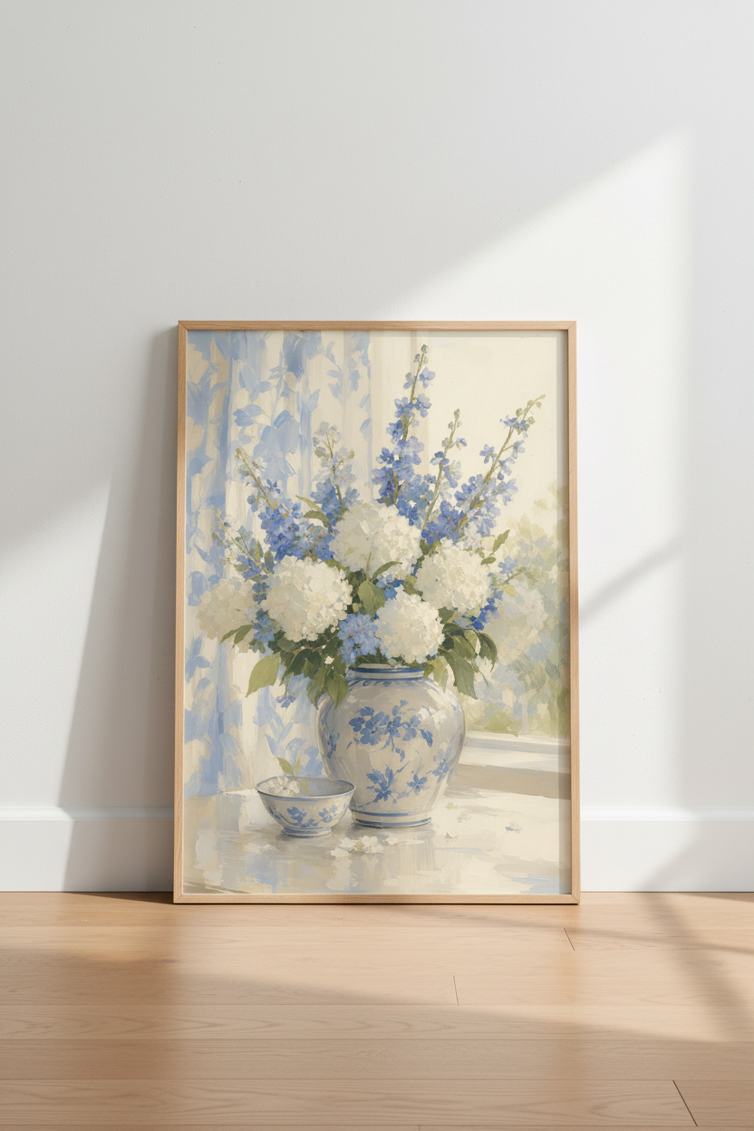 Grandmillennial Wall Art | Blue and White Hydrangea Floral Print, Chinoiserie Decor