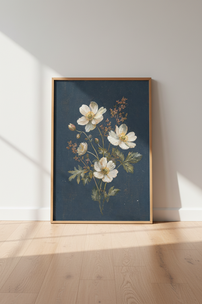 Vintage White Anemone Floral Print | Moody Blue Botanical Art, Bedroom Wall Decor