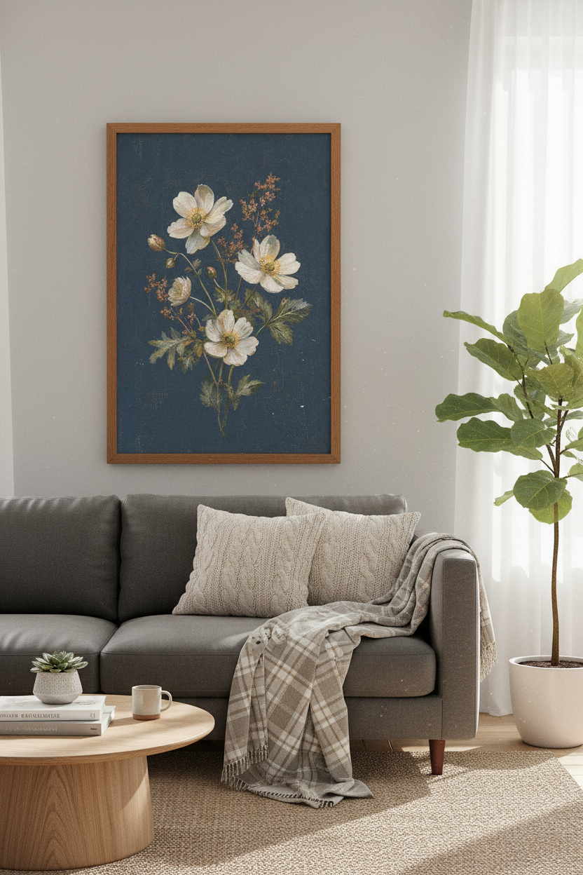 Vintage White Anemone Floral Print | Moody Blue Botanical Art, Bedroom Wall Decor
