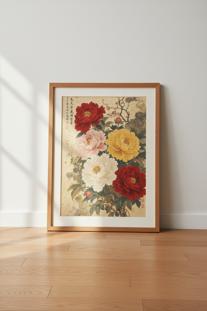 Vintage Peony Botanical Wall Art | Asian Floral Ink Painting | Japandi Poster