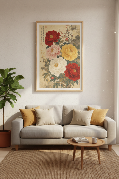 Vintage Peony Botanical Wall Art | Asian Floral Ink Painting | Japandi Poster