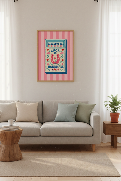Luck is Handmade Wall Art Print | Pink Matchbox Poster | Kitsch Folk Art Decor