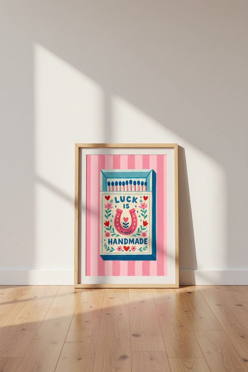 Luck is Handmade Wall Art Print | Pink Matchbox Poster | Kitsch Folk Art Decor