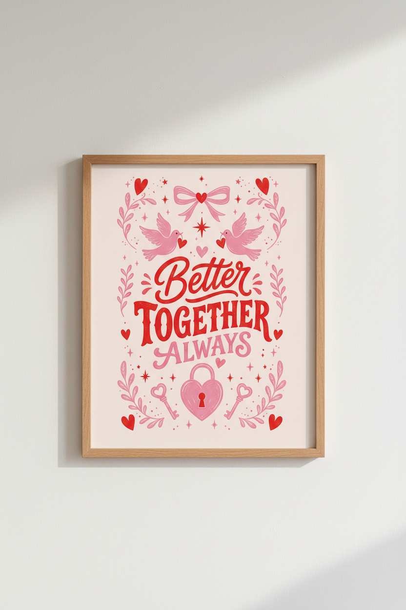 Better Together Always Wall Art | Pink Love Birds Poster | Romantic Bedroom Decor