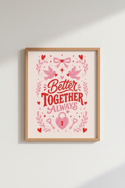 Better Together Always Wall Art | Pink Love Birds Poster | Romantic Bedroom Decor
