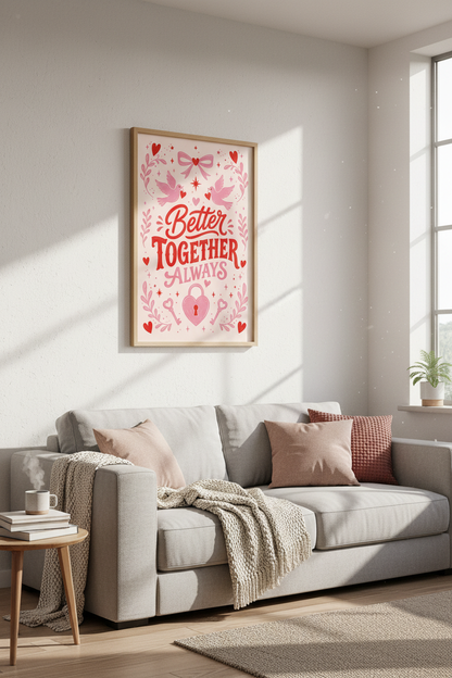 Better Together Always Wall Art | Pink Love Birds Poster | Romantic Bedroom Decor