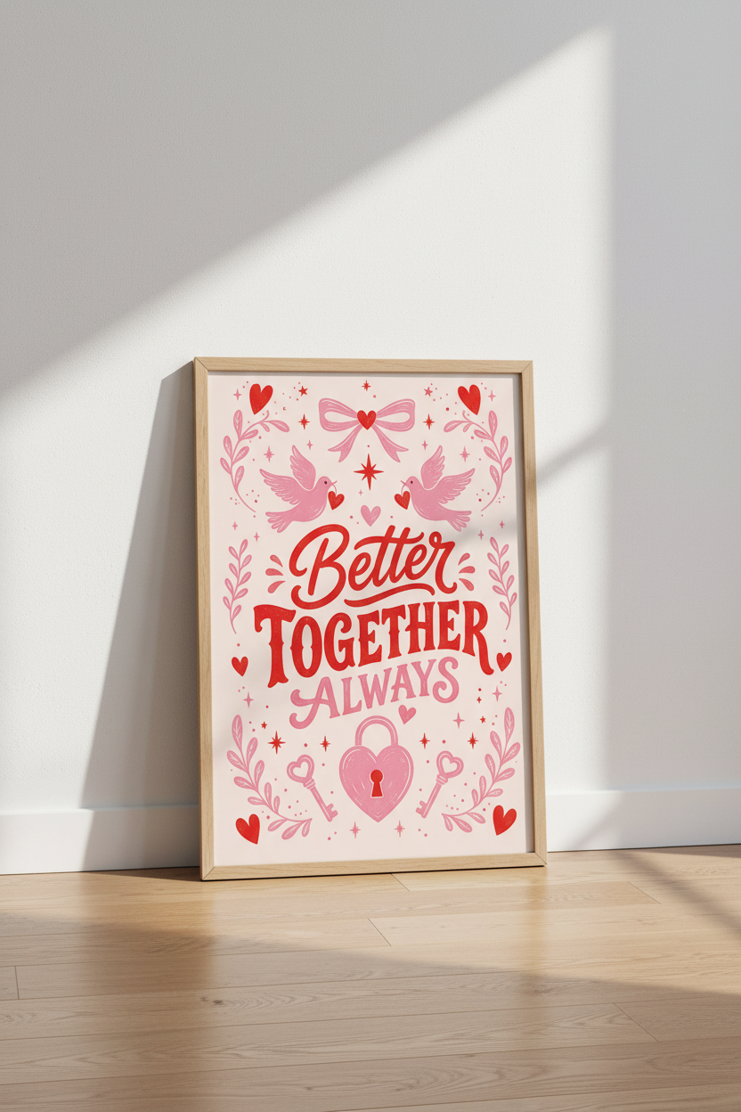Better Together Always Wall Art | Pink Love Birds Poster | Romantic Bedroom Decor