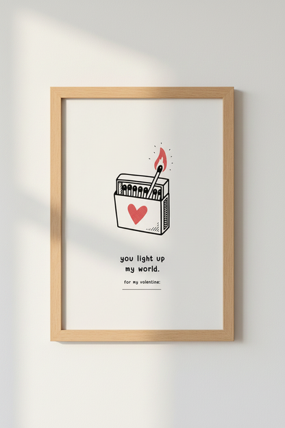 You Light Up My World Matchbox Wall Art | Valentine Heart Poster | Minimalist Love Decor