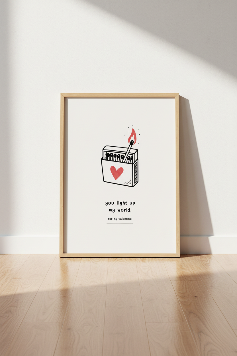 You Light Up My World Matchbox Wall Art | Valentine Heart Poster | Minimalist Love Decor